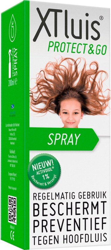 Doos XTluis Protect & Go spray met een afbeelding van een meisje met wapperend bruin haar. Tekst "NIETLUIS ACTIE" en "Beschermt & Verzorgt".