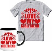 I Love My Girlfriend | Valentijn - Valentijnsdag - Cadeau - Kado - T-Shirt met mok - Unisex - Donker Grijs - Gemêleerd - Maat XL