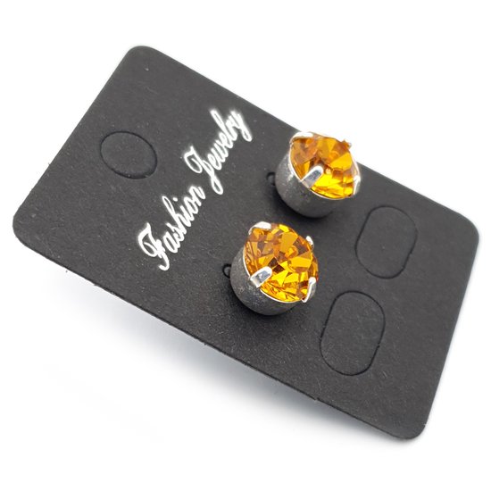 Zilveren oorstekers met een 8 mm rond oranje Swarovski Sunflower element kristal steentje