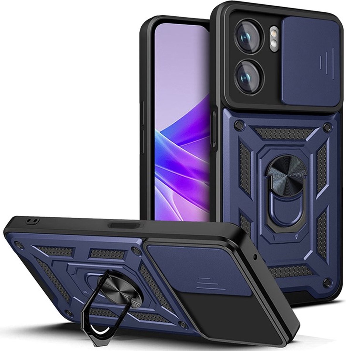 MobyDefend Hoesje - Geschikt voor Oppo A57 / A57s / A77 - Pantsercase Met Draaibare Ring - Blauw