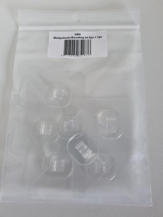 Zes transparante kleefhaakjes met clip, verpakt in een plastic zakje.