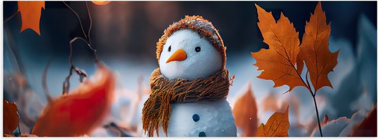 Poster Glanzend – Sneeuwpop met Bruine Sjaal en Muts in de Sneeuw tussen de Herfstbladeren - 150x50 cm Foto op Posterpapier met Glanzende Afwerking
