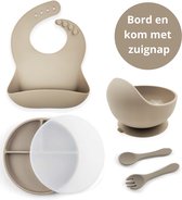 Ik Ben Zo Mooi Vaisselle pour enfants en Siliconen Incassable avec Assiette Ventouse pour Bébé et Enfant - Set de 6 pièces - Doeskin Sable