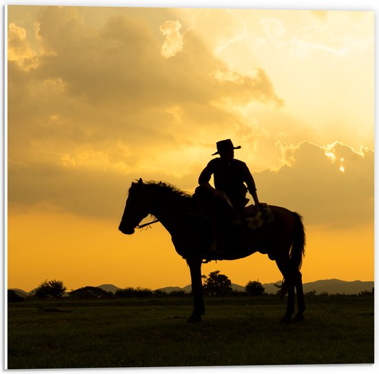 PVC Schuimplaat - Silhouet van Cowboy op zijn Paard tijdens Mooie Zomerse Zonsondergang - 50x50 cm Foto op PVC Schuimplaat (Met Ophangsysteem)