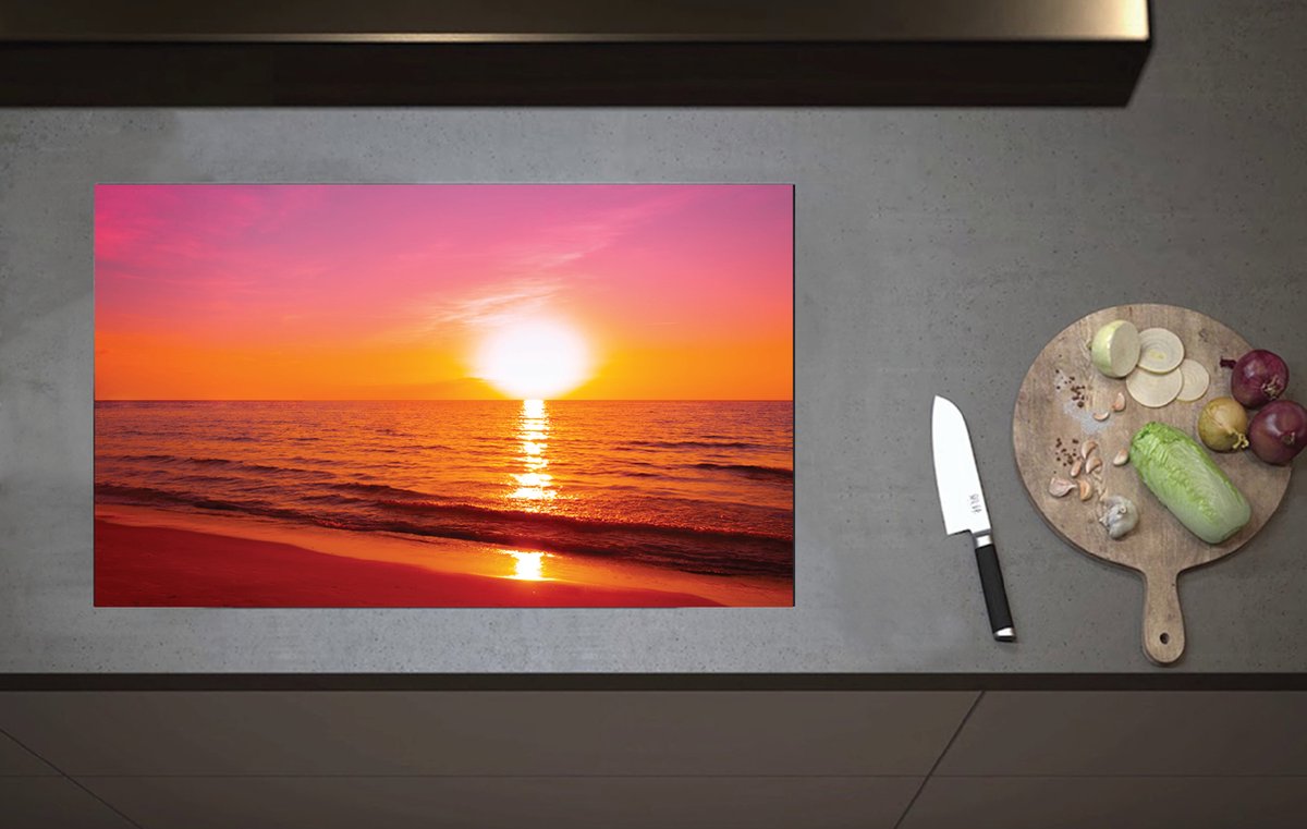 Inductieplaat Beschermer - Feloranje Zonsondergang bij Rozekleurige Lucht boven Zeewater - 80x52 cm - 2 mm Dik - Inductie Beschermer van Vinyl