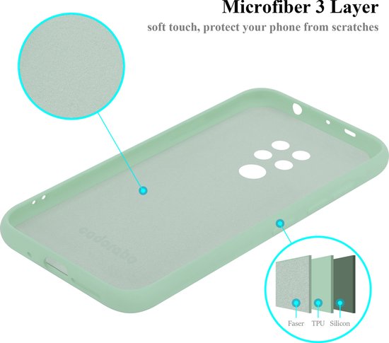 Binnenkant van lichtgroen telefoonhoesje met microfiber voering, met close-up van de 3 lagen: vezels, TPU, siliconen.