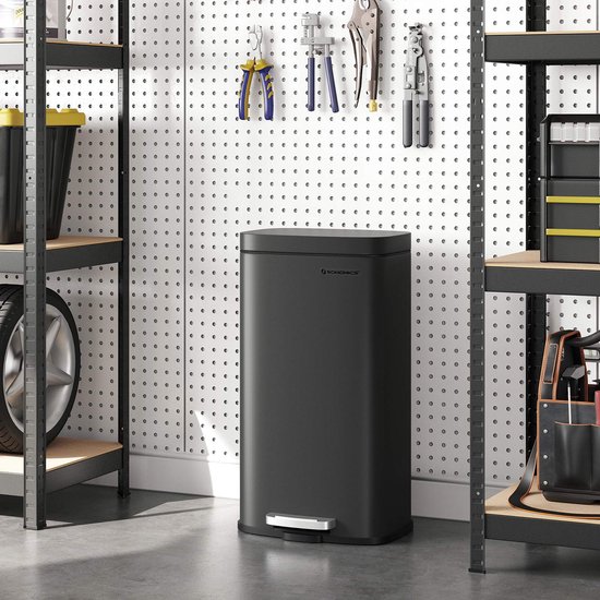 SONGMICS Keukenemmer, 8 Gallon (30L) Vuilnisemmer, Stalen pedaalemmer met deksel en binnenemmer, zacht sluitend, grijsgroen LTB01GS
