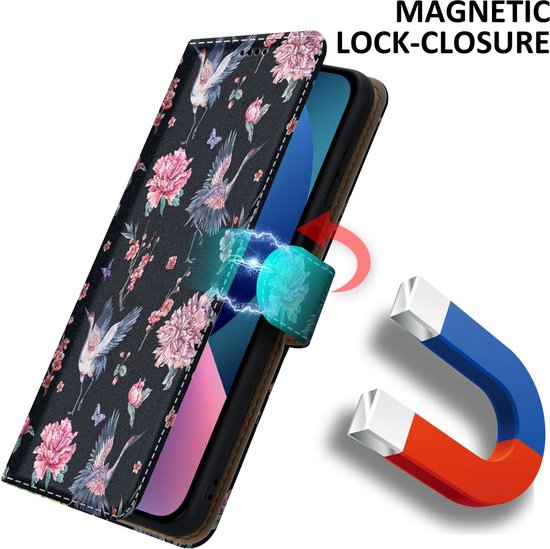 Coque Cadorabo pour Apple iPhone 14 - Design Crane & Fleurs No 9 - Pochette de protection avec fermeture magnétique, fonction stand et poche pour cartes