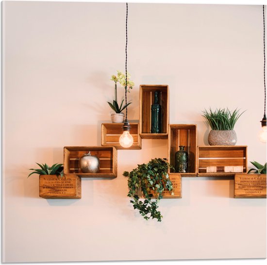 Acrylglas - Trio Lampen voor Kistjes met Planten aan de Muur - 50x50 cm Foto op Acrylglas (Wanddecoratie op Acrylaat)
