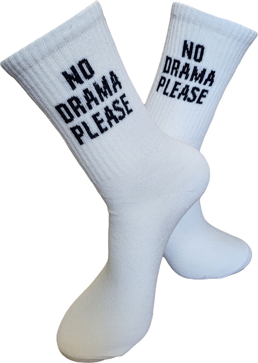 Verjaardags cadeau - No Drama Please Sokken - vrolijke sokken - witte sokken - tennis sokken - sport sokken - valentijns cadeau - sokken met tekst - aparte sokken - grappige sokken - Socks waar je Happy van wordt - maat 37-44