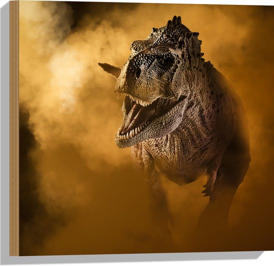 Hout - Angstaanjagend T-rex Dinosaurs vanuit Oranje Mist - 50x50 cm - 9 mm dik - Foto op Hout (Met Ophangsysteem)