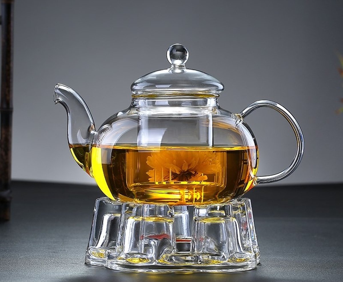Theepot met Warmhouder 1L met 4 Glazen Theelichthouder Rechaud Thee Warmhouder