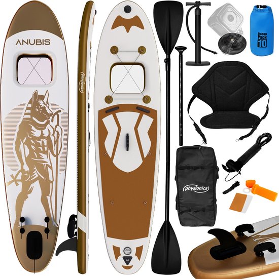 Physionics - Stand Up Paddle Board - 320cm - Opblaasbaar SUP Board met Kayak Zitting - Verstelbare Peddel - Handpomp met Manometer - Rugzak - Reparatieset - Camera Houder - Surfboard - Goud