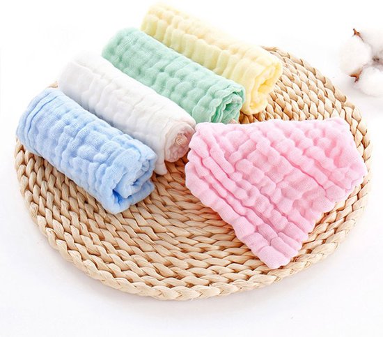 DW4Trading Baby Mousseline Washandjes - Vierkant 30x30 cm - Katoen - Set van 5 - Geel, Wit, Groen, Blauw, Roze van DW — afbeelding 3