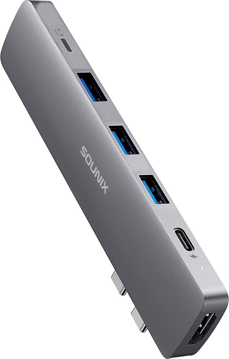 Sounix USB C hub 8 in 2 - HDMI 4K30Hz & 5K@60Hz - Thunderbolt 3 - USB-C Opladen 100W - 3x USB 3.0 - SD/TF - voor MacBook Pro/Air - Grijs