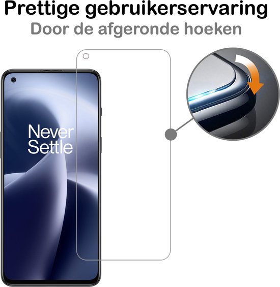 Telefoon met screenprotector, met detailfoto van de afgeronde hoeken.