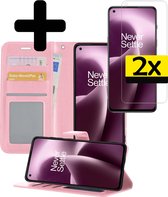 Hoesje Geschikt voor OnePlus Nord 2T Hoesje Book Case Hoes Wallet Cover Met 2x Screenprotector - Hoes Geschikt voor OnePlus Nord 2T Hoesje Bookcase Hoes - Lichtroze