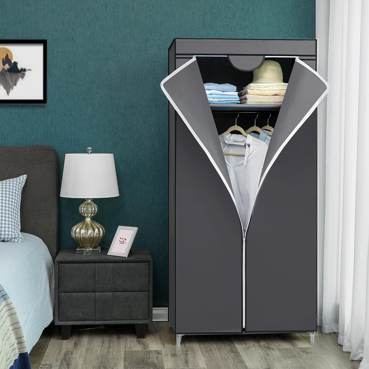 Penderie D'angle Avec Housse Tissu - 169x129x87 Cm - Noir - Double Tringle, Rangement Vêtements