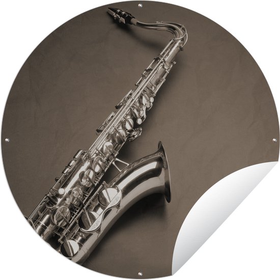 Tuincirkel Saxofoon voor een grijze achtergrond - 90x90 cm - Ronde Tuinposter - Buiten