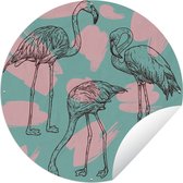 Tuincirkel Een illustratie van flamingo's tegen een blauwe achtergrond in pop art weergegeven - 120x120 cm - Ronde Tuinposter - Buiten XXL / Groot formaat!