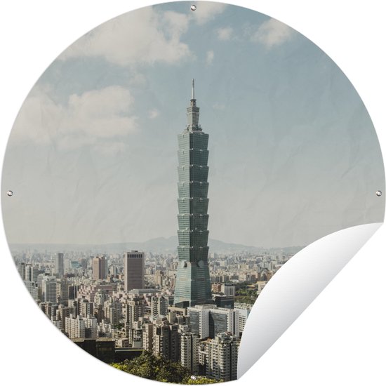 Tuincirkel Uitkijkend naar de Aziatische wolkenkrabber Taipei 101 - 60x60 cm - Ronde Tuinposter - Buiten