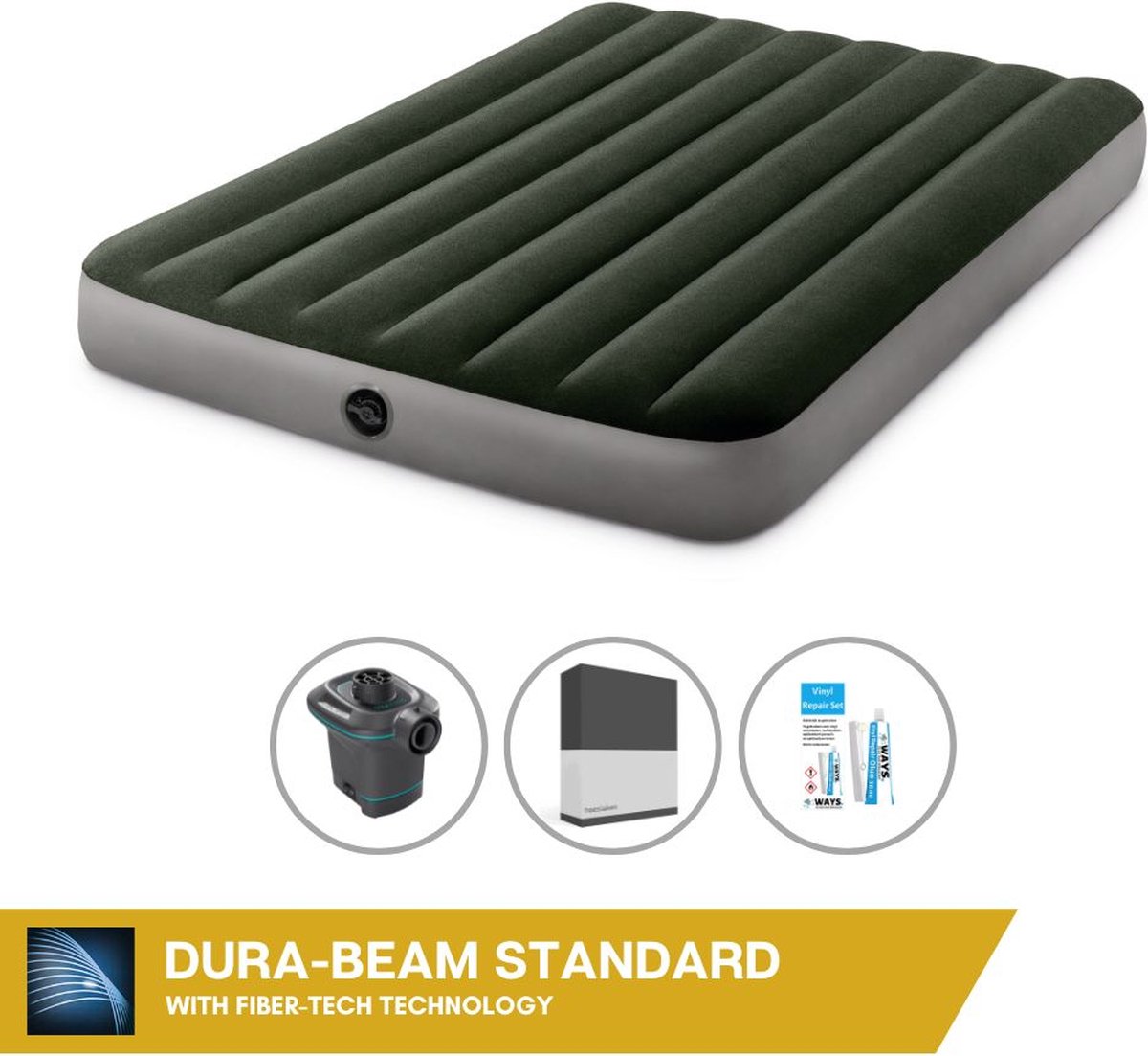 Intex Luchtbedset Intex Luchtbed - Twijfelaar - 137 x 191 x 25 cm - Groen + Intex Elektrische Pomp - 650 Liter/min + Hoeslaken Zwart + Reparatieset