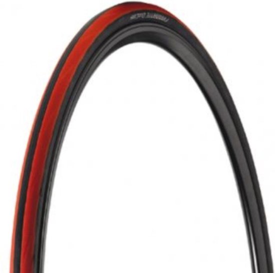 Een fietsband met een zwarte buitenrand en een felrode streep in het midden.