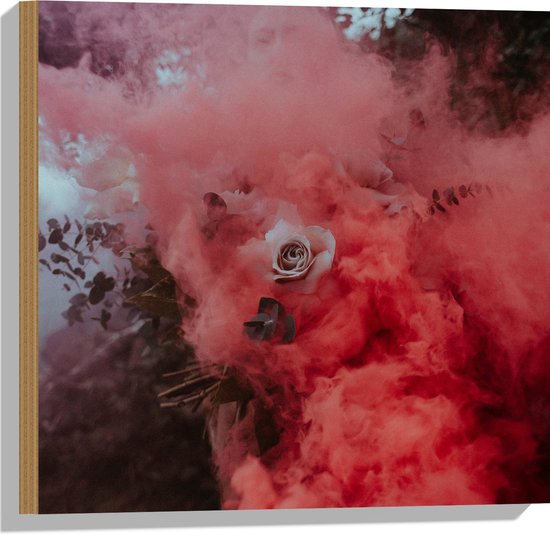 Hout - Roze Roos Verdwijnend in Rode Rook - 50x50 cm - 9 mm dik - Foto op Hout (Met Ophangsysteem)