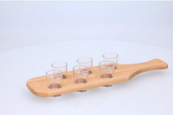 Planche à boire avec 6 verres à liqueur - bois et verre - environ 40x11x2cm (LxlxH)