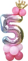 Prinsessen Verjaardag 5 Jaar - Roze Ballonnen Set - Leeftijdballon - Feestversiering / Verjaardag Versiering - Prinses Feestje - Kinderfeestje - Regenboog / Roze - Prinsessenkroontje Ballon - Prinsessen Ballon - Feestpakket - Roze Ballonnen