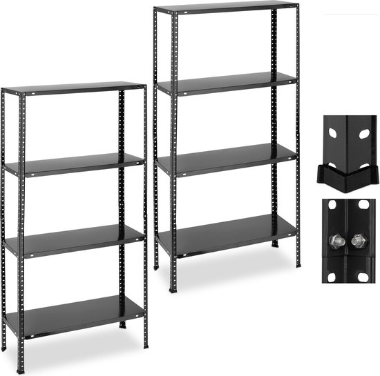 Relaxdays stellingkast metaal – set van 2 – stellingrek – 4 planken – voorraadkast zwart