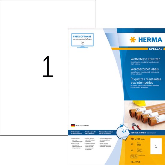 HERMA 10775, Wit, Zelfklevend printerlabel, Gestanste etiket, Papier, Laser, Permanent
