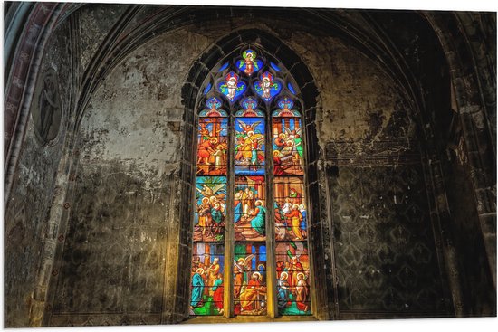 WallClassics - Vlag - Glas-in-lood Raam in de Notre-Dame Kerk - 90x60 cm Foto op Polyester Vlag