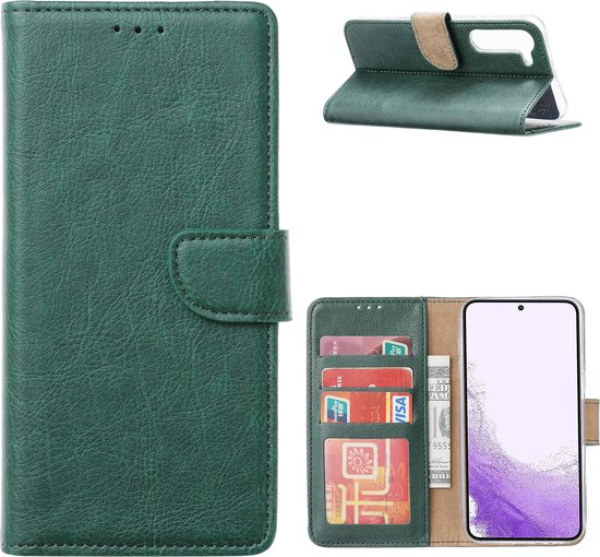 Étui livre vert avec porte-cartes, téléphone et fermeture en daim marron.