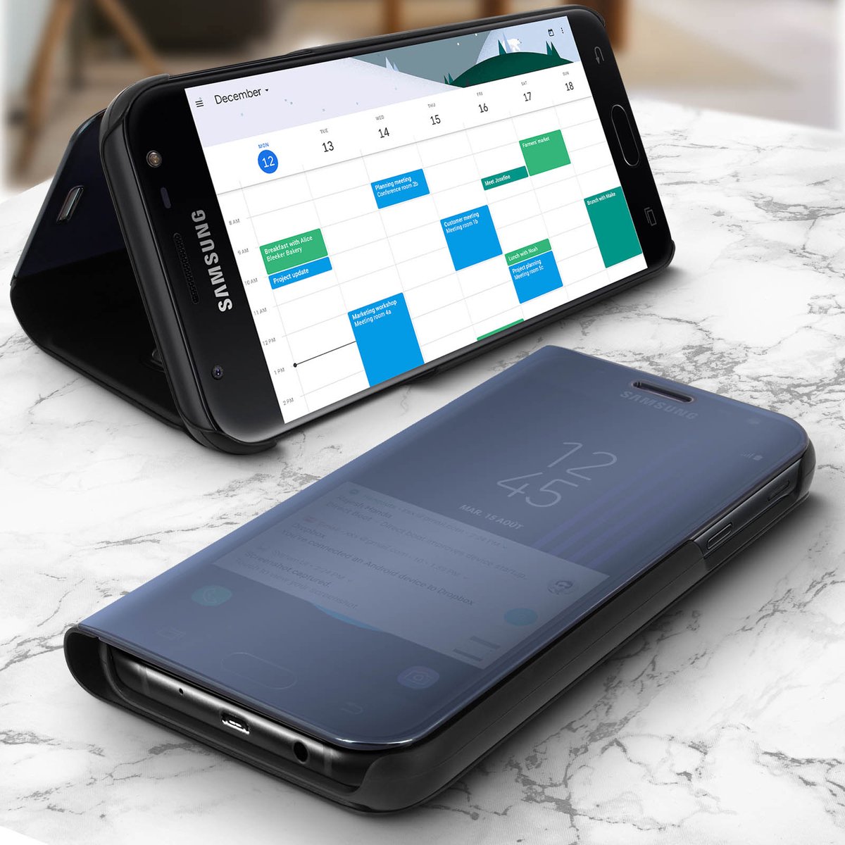 Avizar Foliohoes Geschikt voor Samsung Galaxy J3 2017 Ultradunne spiegel, Zwart