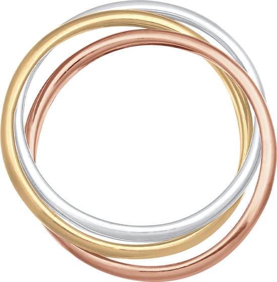 Dri COLORS ring van goud, zilver en roségoud, met drie ineengestrengelde banden.
