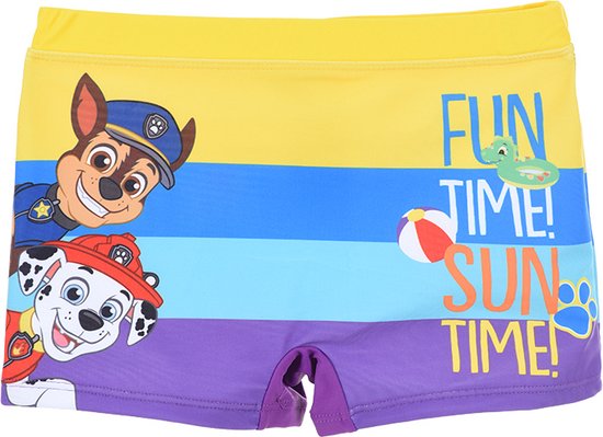 Jongens zwembroek met strepen in geel, blauw en paars. Chase en Marshall van PAW Patrol staan links. Op de voorkant staat "FUN TIME! SUN TIME!".
