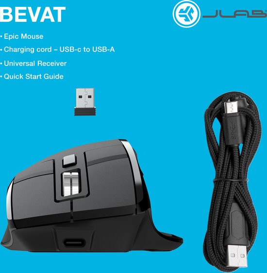 JLab Epic Computermuis – Bluetooth Muis Draadloos - Ergonomische Muis Rechtshandig – USB C Oplaadbaar - Verbindt 3 devices tegelijkertijd – Stille Clicks – Infinity Scroll – 4 Maanden Batterijduur – Draadloze Dongle