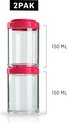 Twee gestapelde GoStak containers met rode deksels, elk 150ml.
