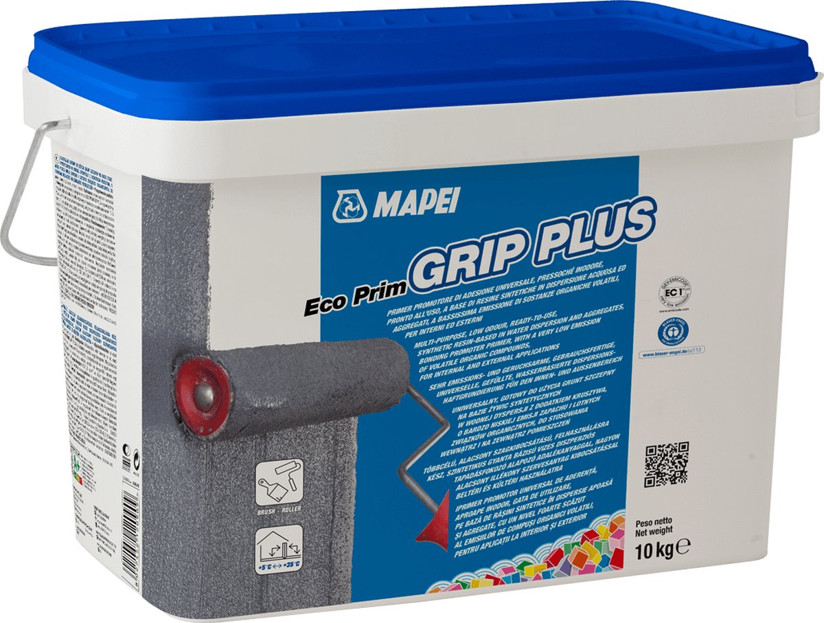 Mapei Eco Prim Grip Plus Primer - Grondverf - Gebruiksklaar & Hechtingsbevorderend - Binnen & Buiten - Grijs - 10 kg - Mapei