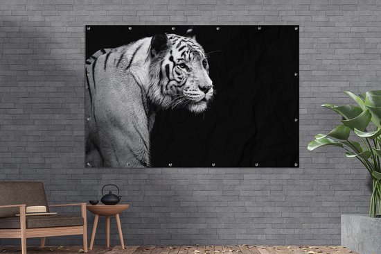 Tigre blanc de Sibérie sur fond noir affiche de jardin toile en vrac 180x120 cm - Toile de jardin / Toile d'extérieur / Peintures d'extérieur (décoration de jardin) XXL / Groot format!