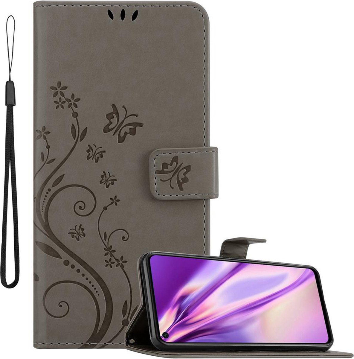 Cadorabo Hoesje geschikt voor Honor 20 / 20S / Huawei NOVA 5T in BLOEMEN GRIJS - Beschermhoes in bloemmotief met magnetische sluiting, standfunctie en kaartsleuven Book Case Cover Etui