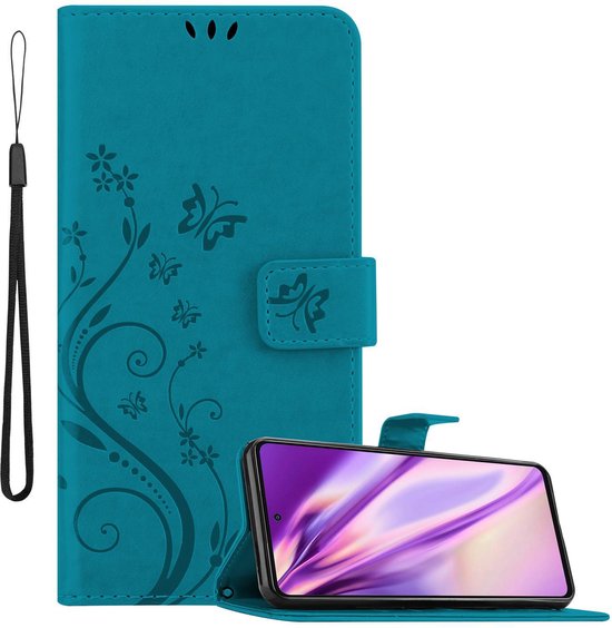 Cadorabo Hoesje geschikt voor Samsung Galaxy A52 (4G / 5G) / A52s in BLOEMEN BLAUW - Beschermhoes in bloemmotief met magnetische sluiting, standfunctie en kaartsleuven Book Case Cover Etui