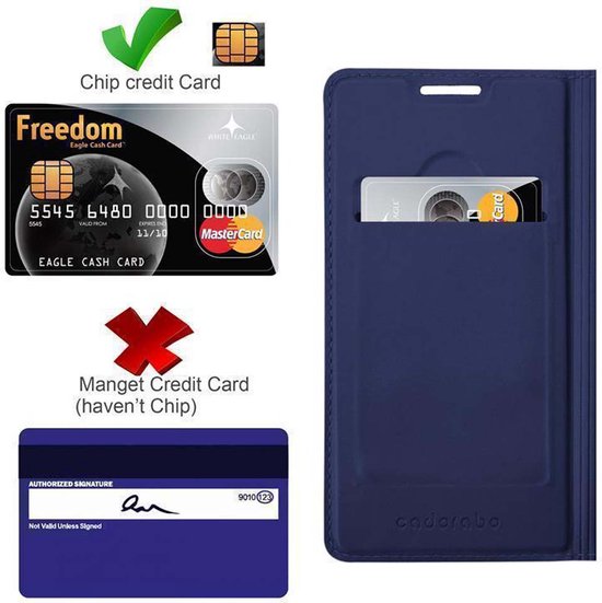 Étui de téléphone bleu foncé avec porte-cartes et fermeture magnétique, avec carte de crédit et puce.