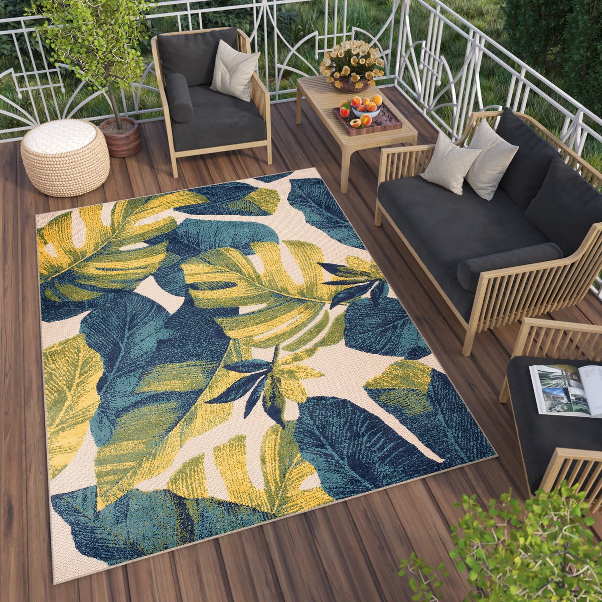 Tapiso Patio Indoor Tapijt Tuintapijt Blauw Buiten Buitenkleed Planten Maat- 120x170