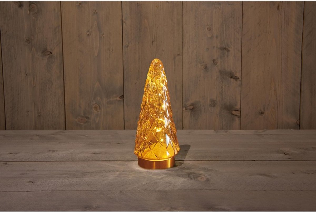 Kerstverlichting - B.o. Glazen Boom Taupe 10l Met Gouden Voet 10.5x24.5cm 3xaaa