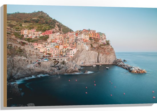 Hout - Huisjes aan de Kust in Cinque Terre, Italië - 90x60 cm - 9 mm dik - Foto op Hout (Met Ophangsysteem)