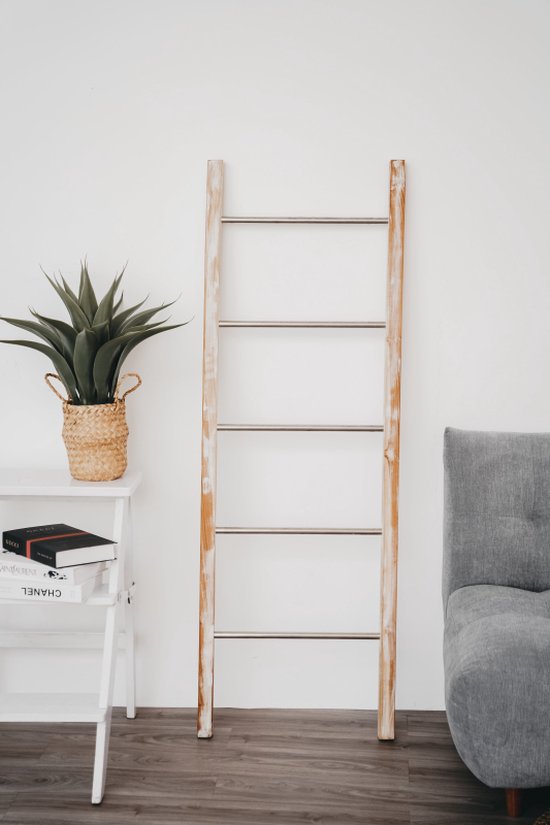 Teakea - Decoratie ladder Teakhout met RVS Stijlen | White-Washed Teak | 50x5x175