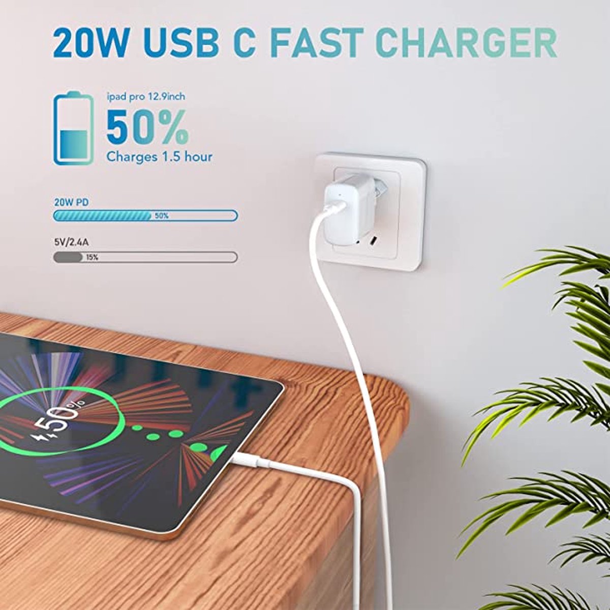 chargeur usb c 20w compatible avec ipad pro 12.9 11 pouce 2021 2020 2018,  new ipad air 4, samsung s21 s20 s20 fe, switch, pixel