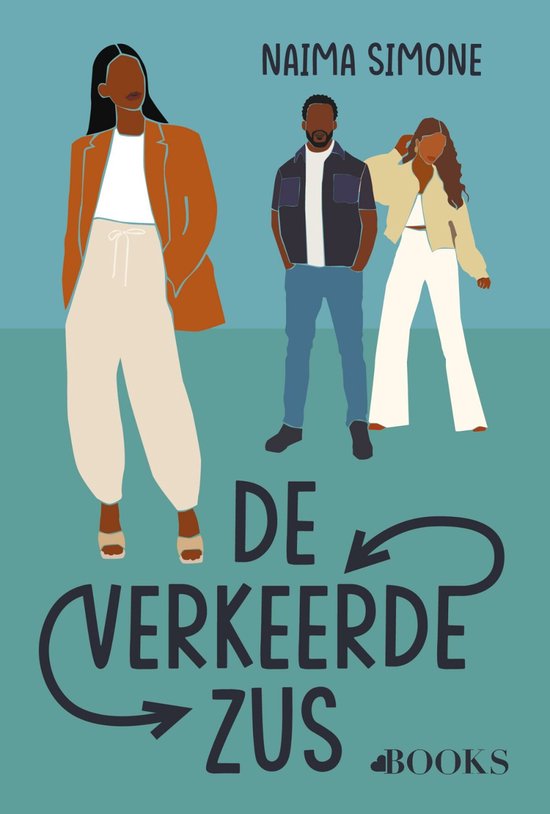 Boekomslag 'De verkeerde zus' van NAIMA SIMONE met drie personen in modieuze kleding.